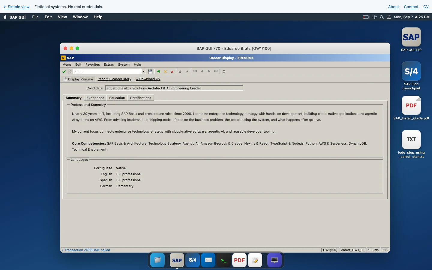 The interactive desktop showing Eduardo’s career in SAP GUI, with desktop apps and a dock